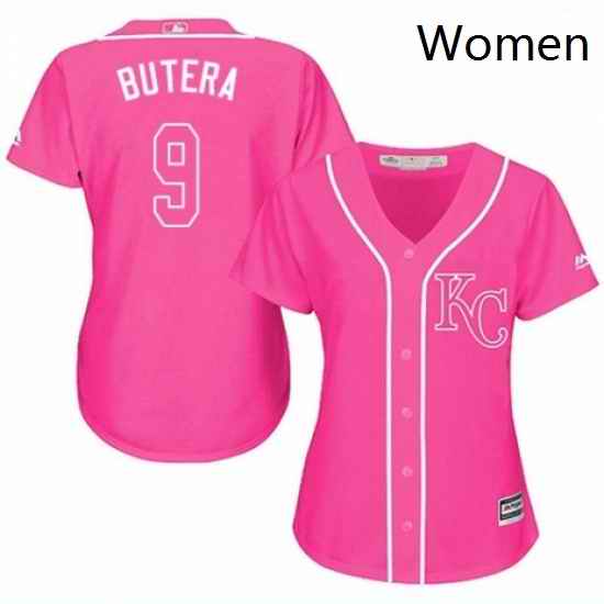 Womens Majestic Kansas City Royals 9 Drew Butera Replica Pink Fashion Cool Base MLB Jersey